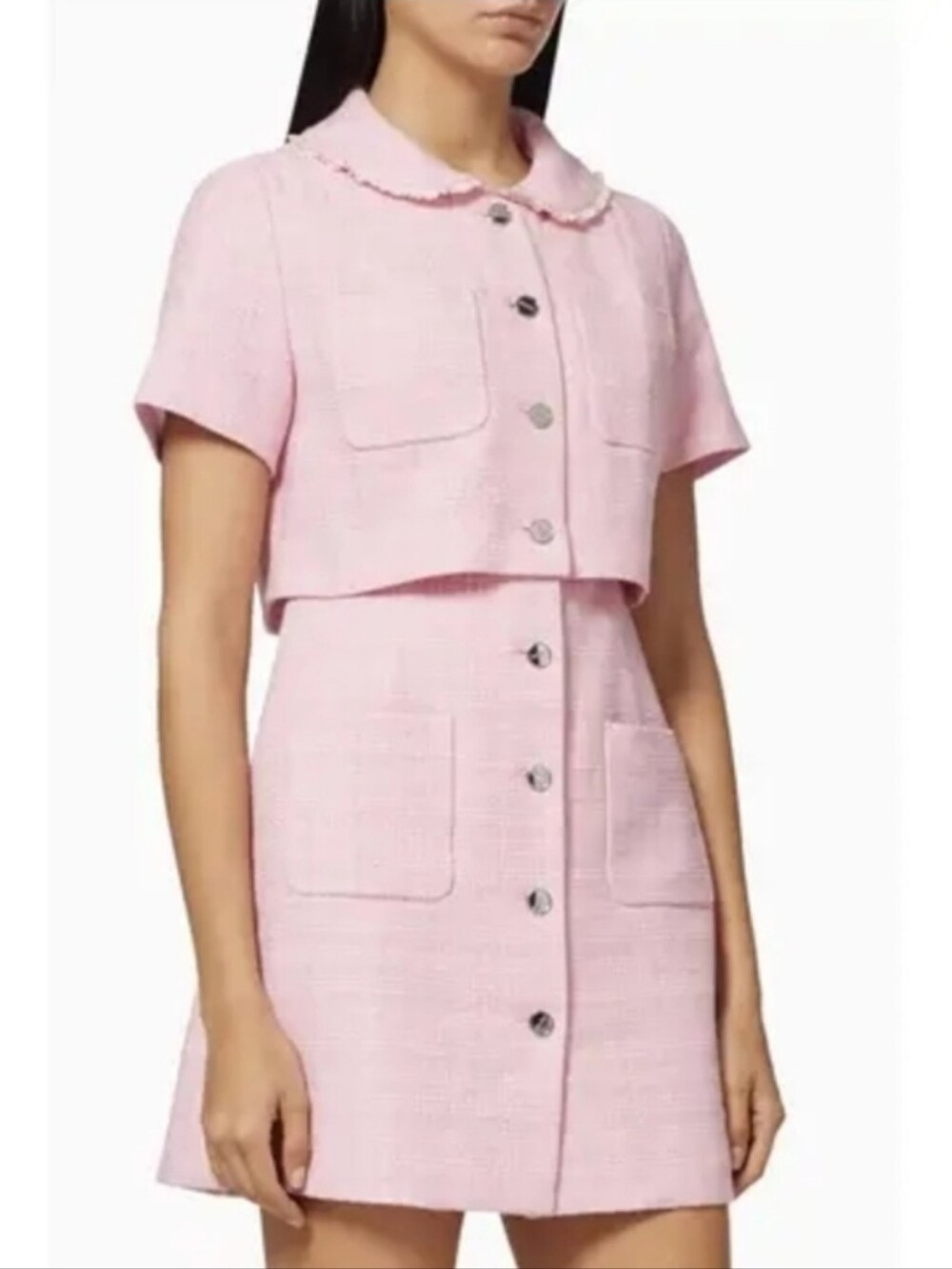 Sandro Rosee Trompe L'oeil Tweed Mini Dress Pink size 40 US 8 - Picture 13 of 13